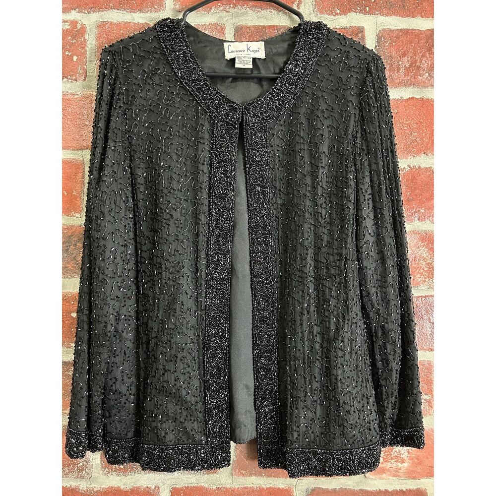 Laurence Kazar Black Heavy Beaded Silk Jacket Size Small